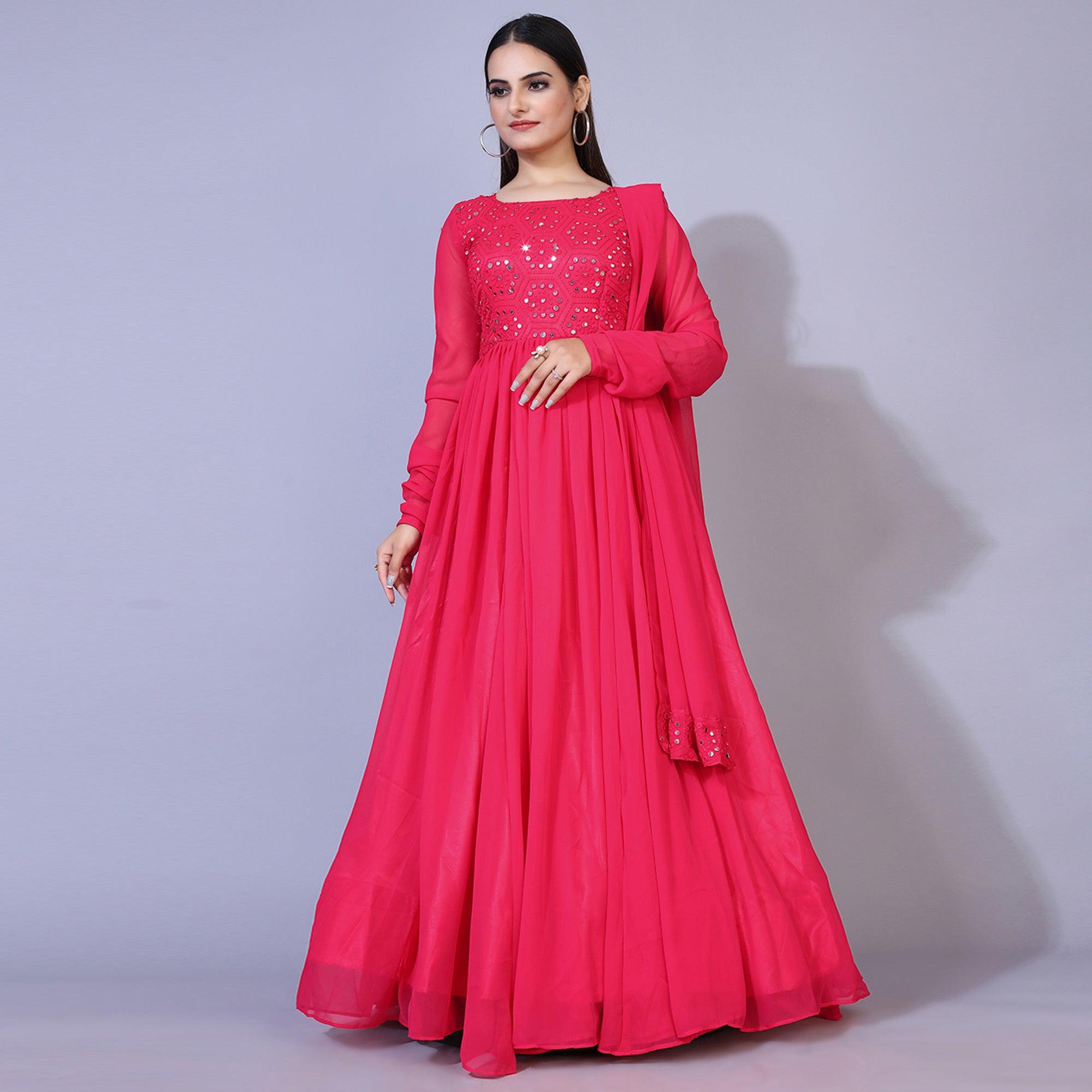 Pink Mirror Embroidered Georgette Anarkali Style Gown - Peachmode