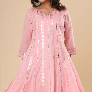 Pink Mirror Embroidered Pure Cotton Dress - Peachmode