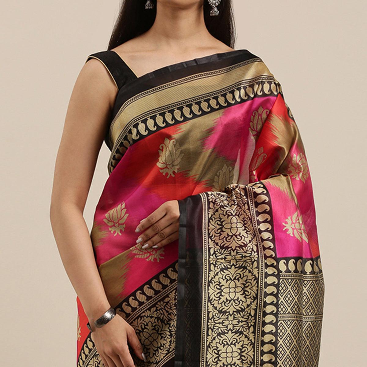 Pink - Multi Color Festive Wear Woven Art Silk Saree With Tassels - Peachmode
