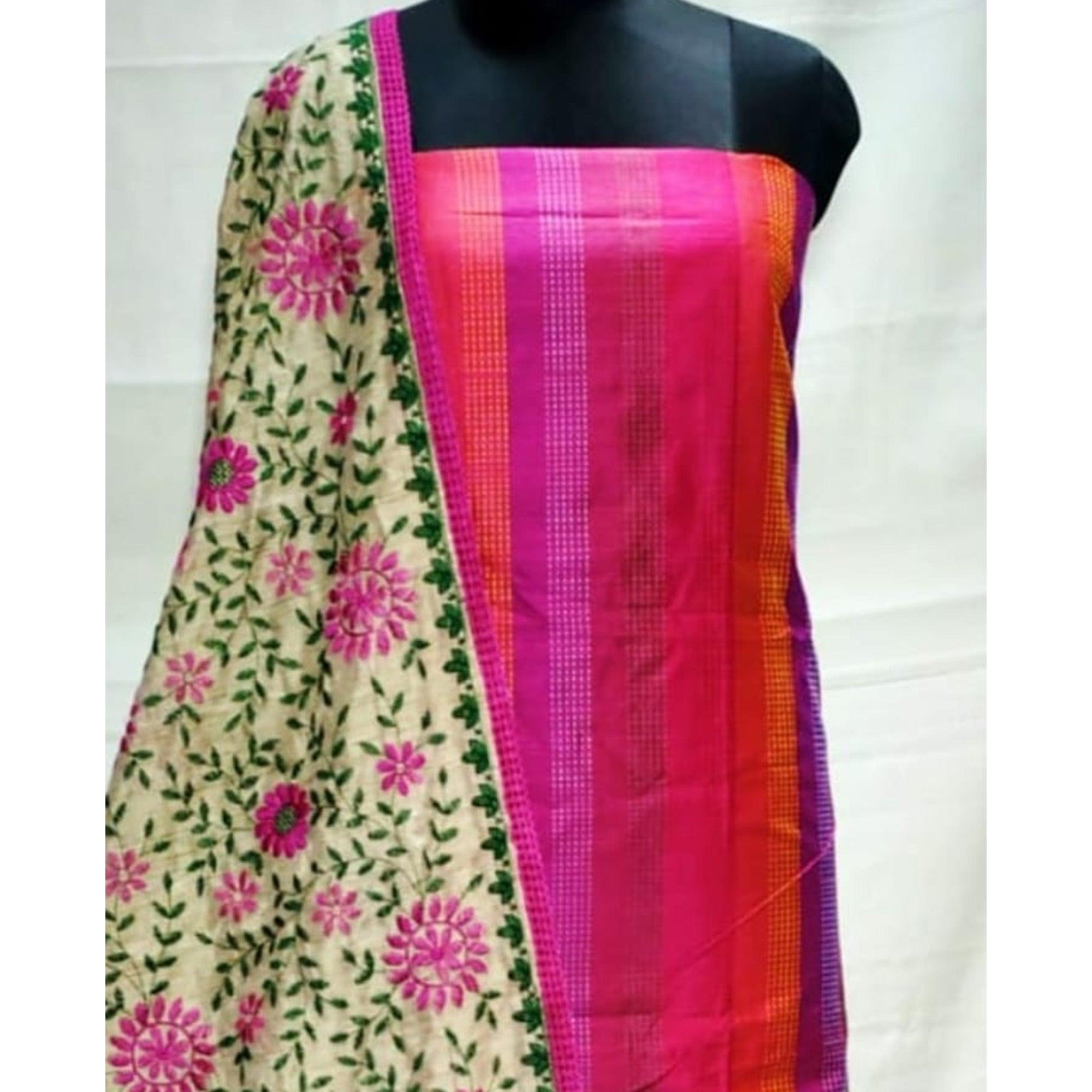 Pink - Multi Colored Embroidered Pure Cotton Dress Material - Peachmode
