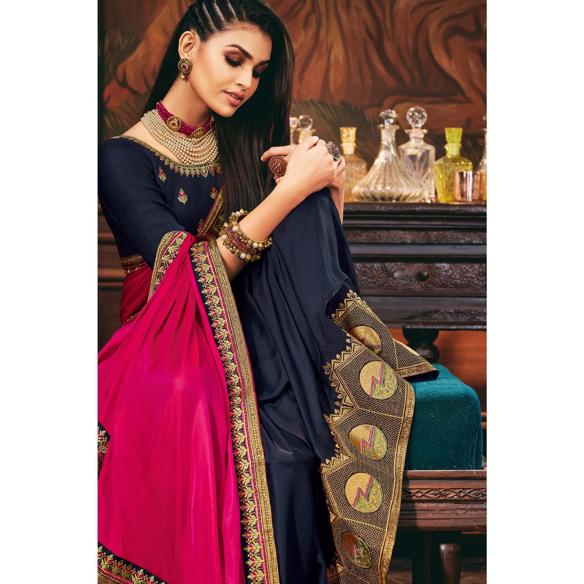 Pink - Navy Blue Festive Wear Woven Silk Half Half Saree - Peachmode