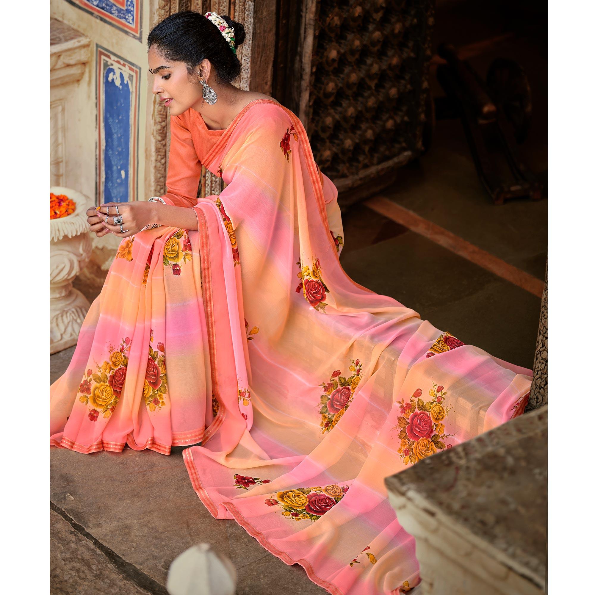 Pink-Orange Casual Wear Floral Printed Chiffon Saree With Fancy Blouse - Peachmode