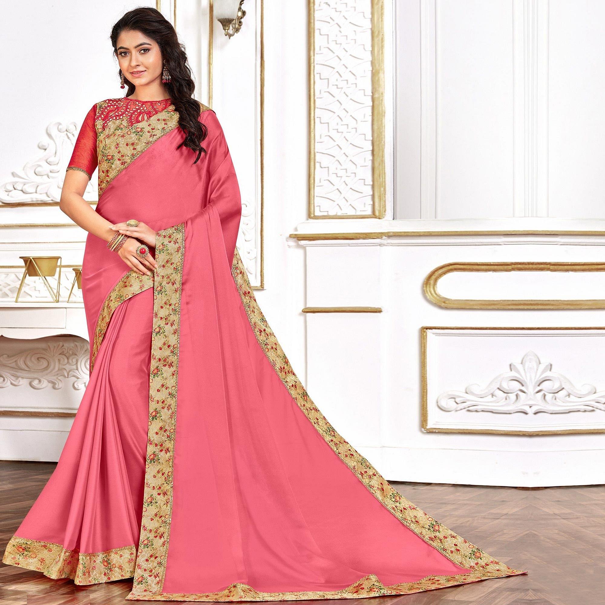 Pink Party Wear Border Work Silk Saree - Peachmode