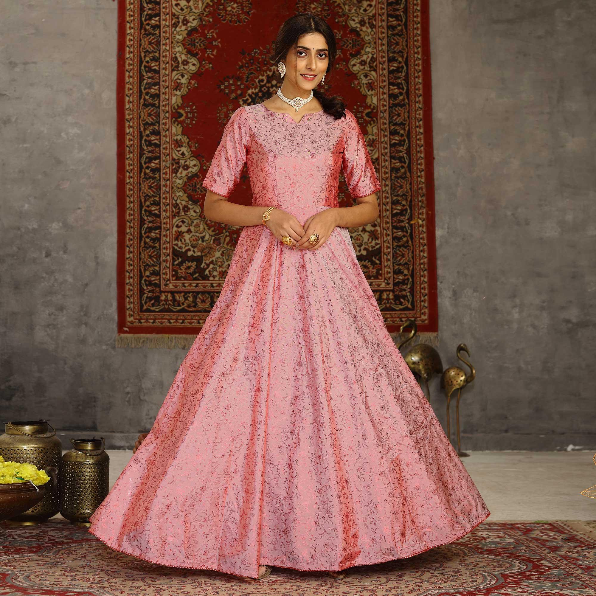 Pink Party Wear Designer Metalic Foil Printed Work Taffeta Gown - Peachmode