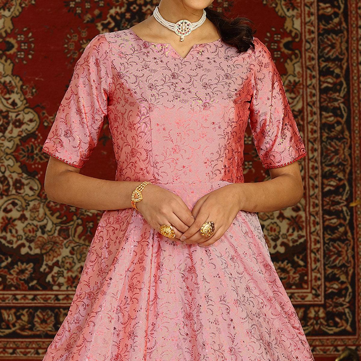 Pink Party Wear Designer Metalic Foil Printed Work Taffeta Gown - Peachmode