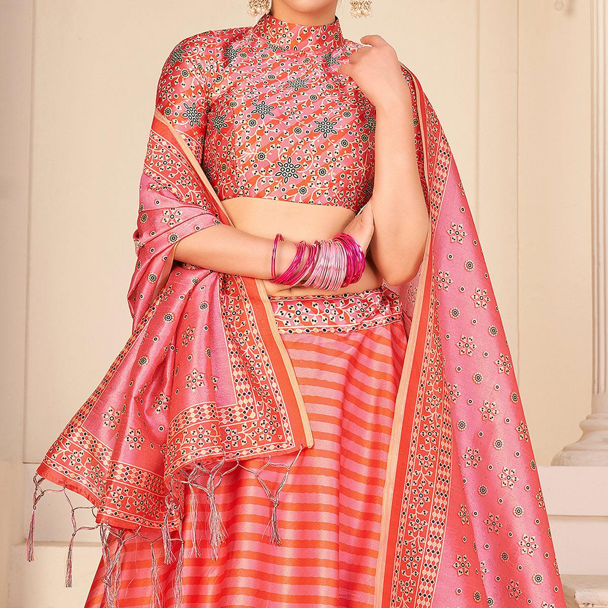 Pink Party Wear Digital Printed Silk Lehenga Choli - Peachmode