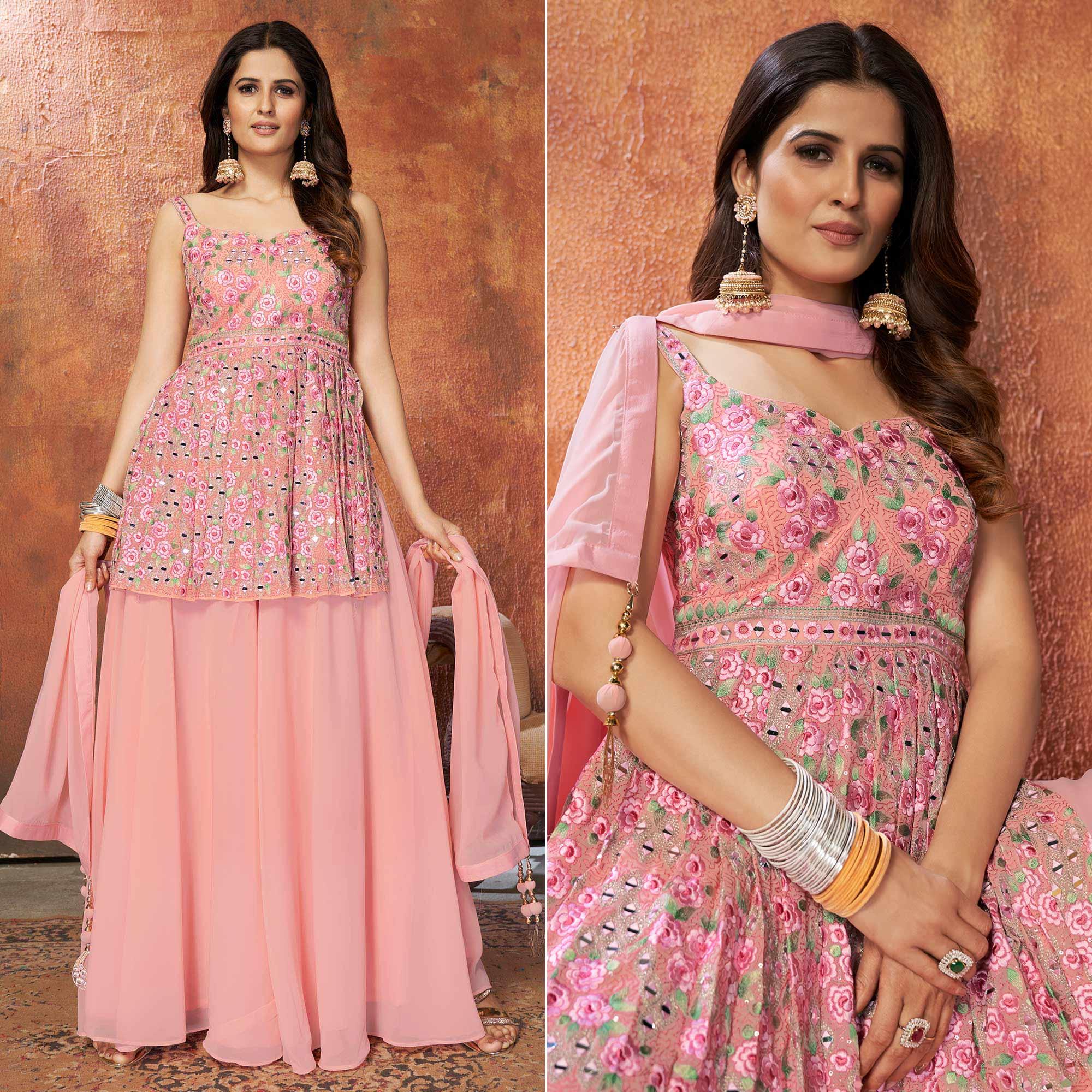 Pink Party Wear Embroiddered Georgette Sharara Suit - Peachmode