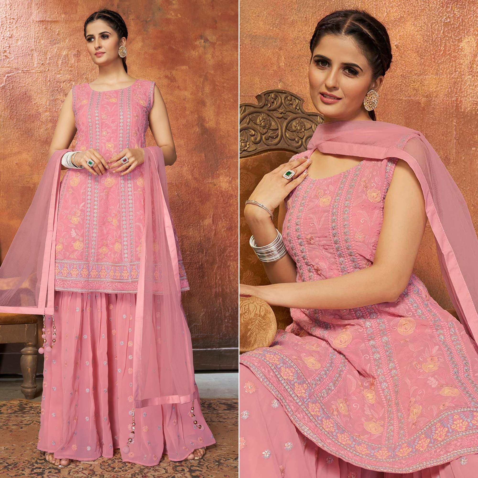 Pink Party Wear Embroiddered Georgette Sharara Suit - Peachmode