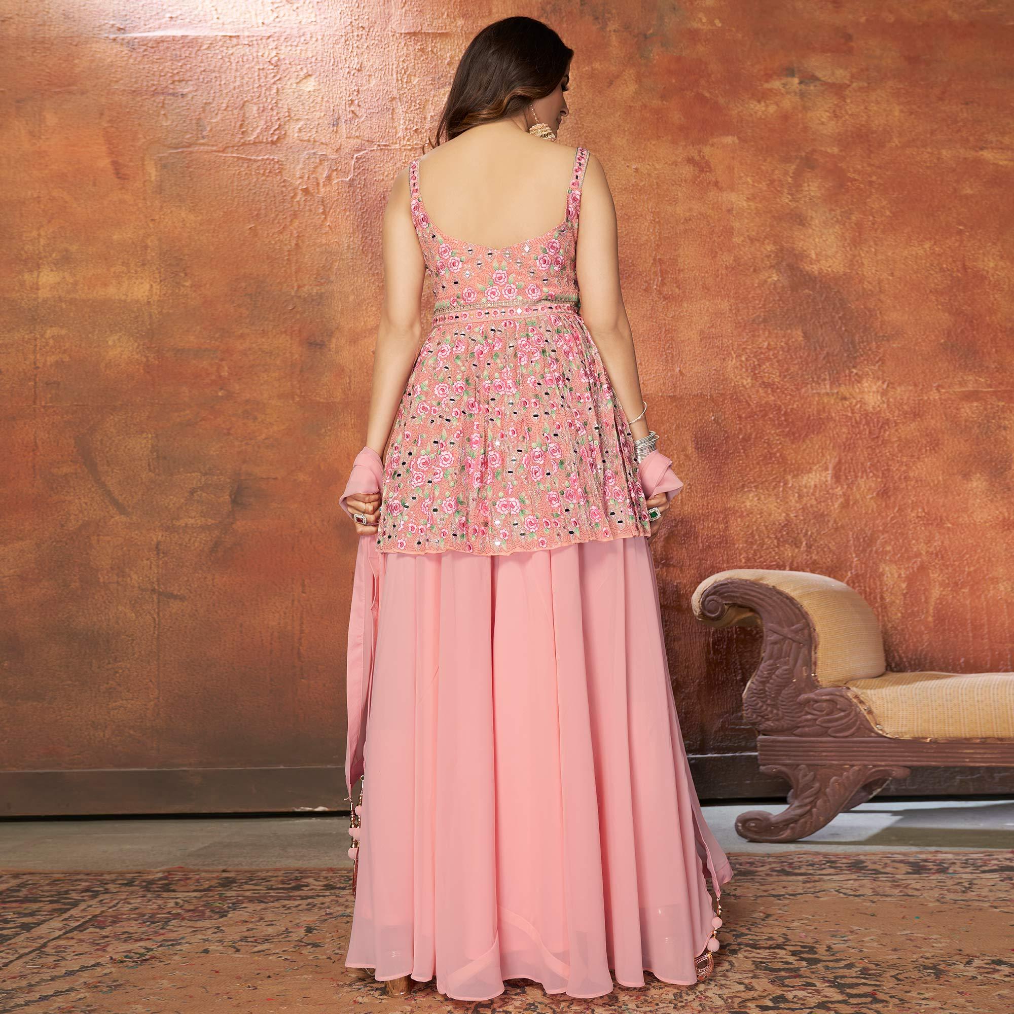 Pink Party Wear Embroiddered Georgette Sharara Suit - Peachmode