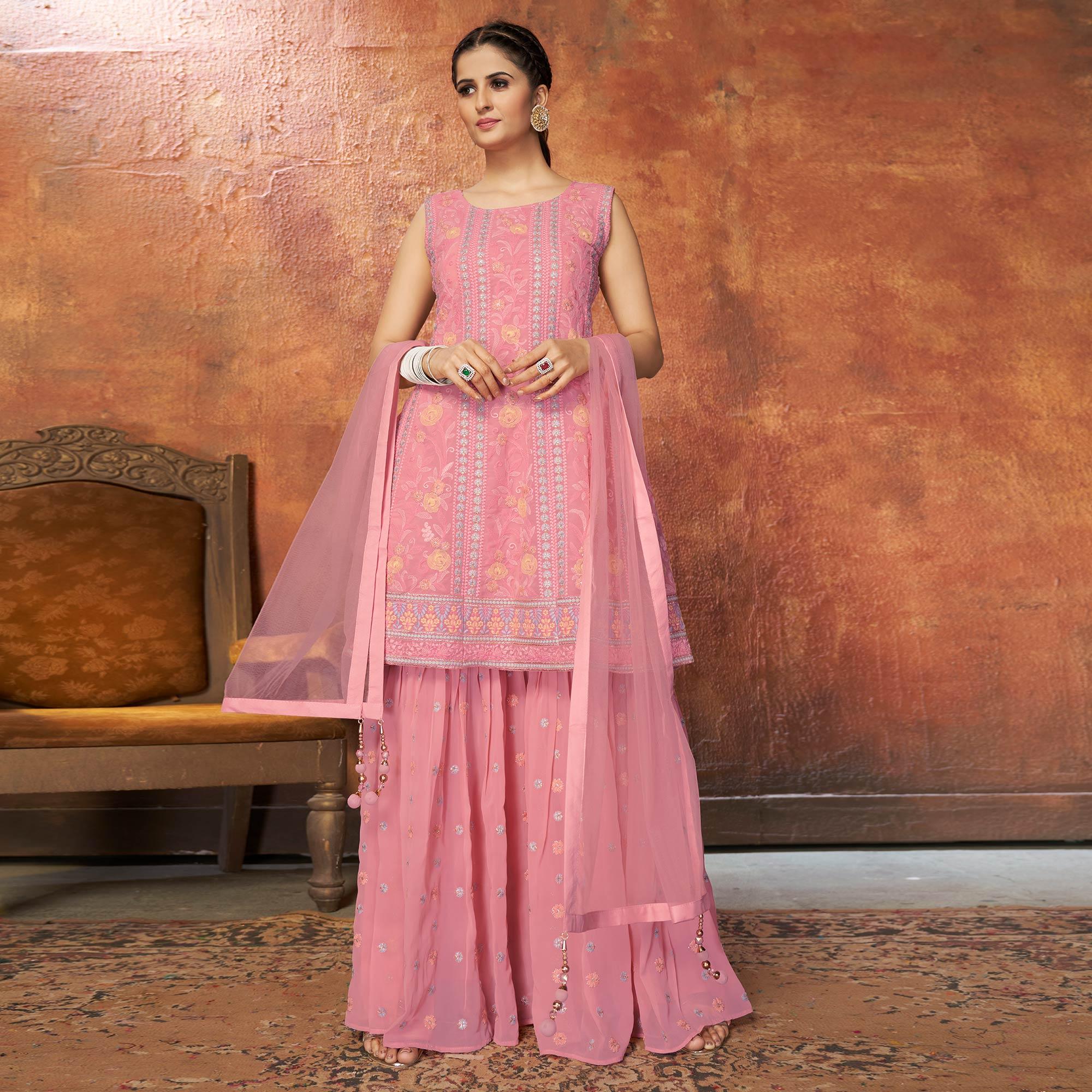 Pink Party Wear Embroiddered Georgette Sharara Suit - Peachmode