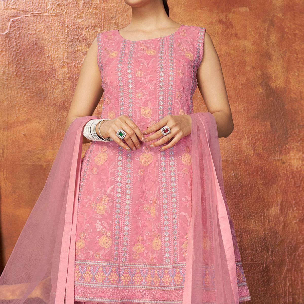 Pink Party Wear Embroiddered Georgette Sharara Suit - Peachmode