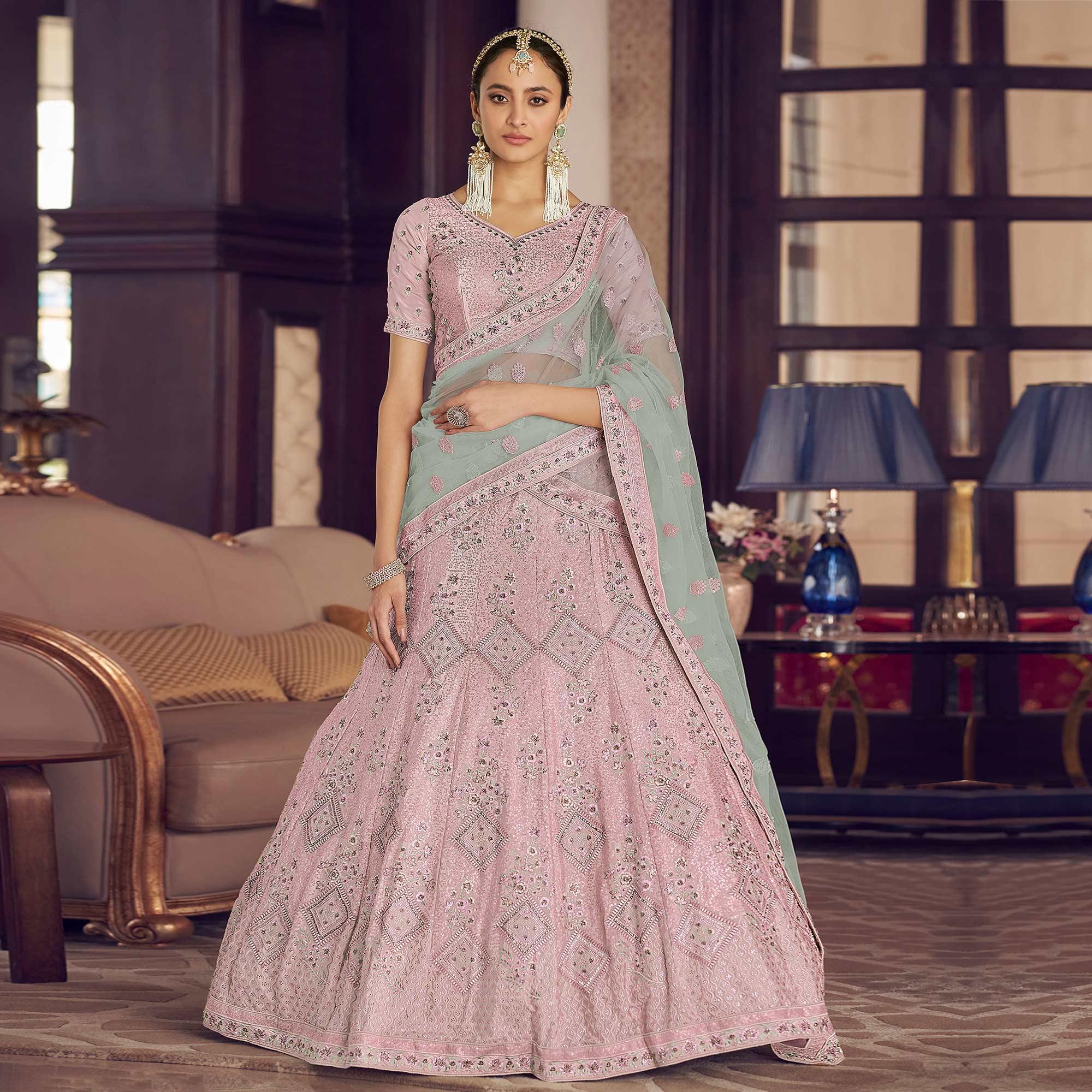 Pink Party Wear Embroidered Crepe Lehenga Choli - Peachmode