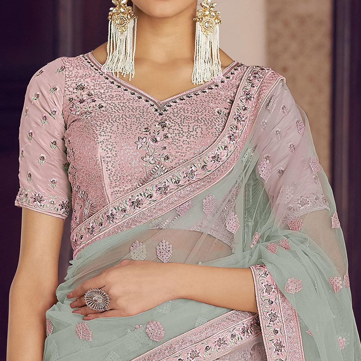 Pink Party Wear Embroidered Crepe Lehenga Choli - Peachmode