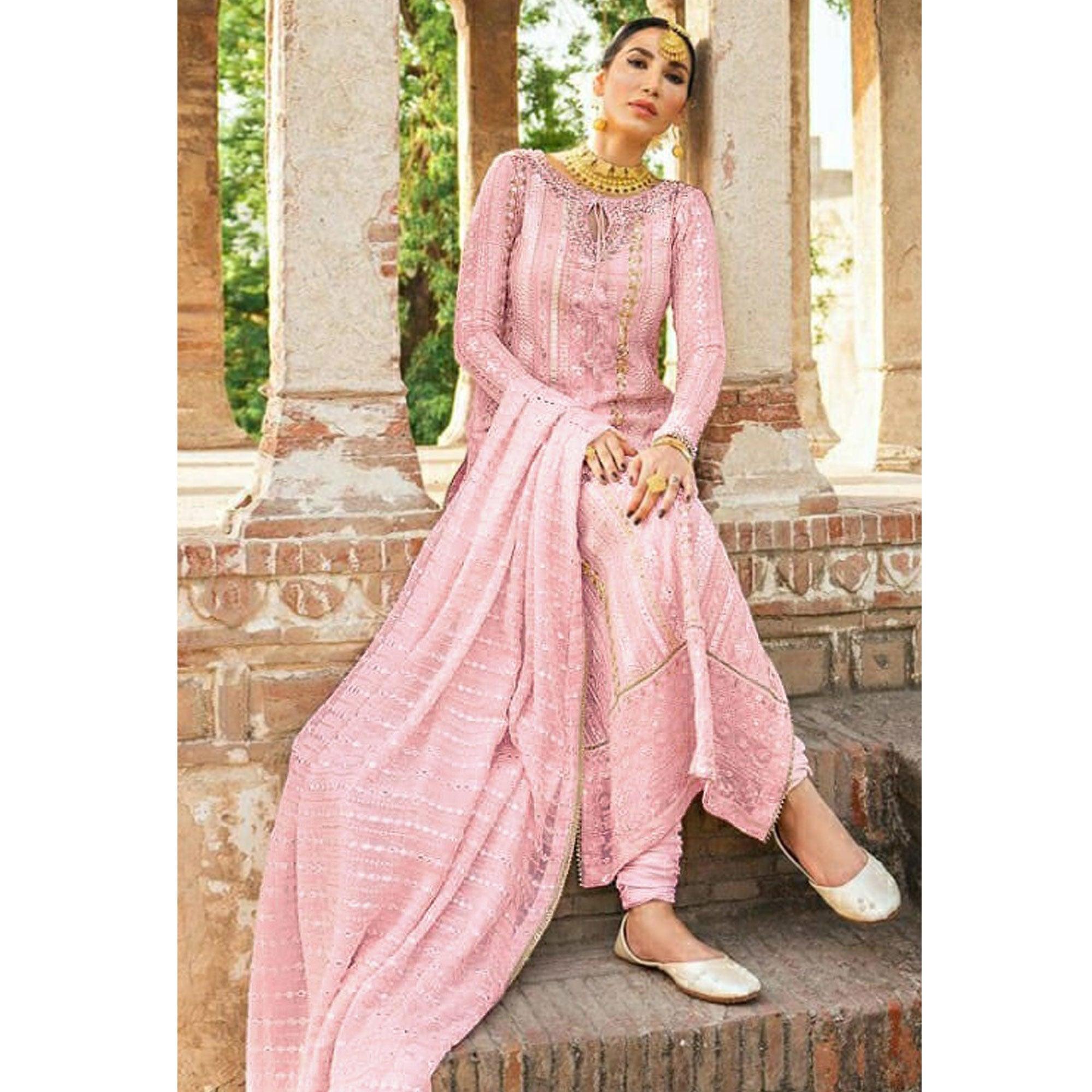 Pink Party Wear Embroidered Georgette Suit - Peachmode