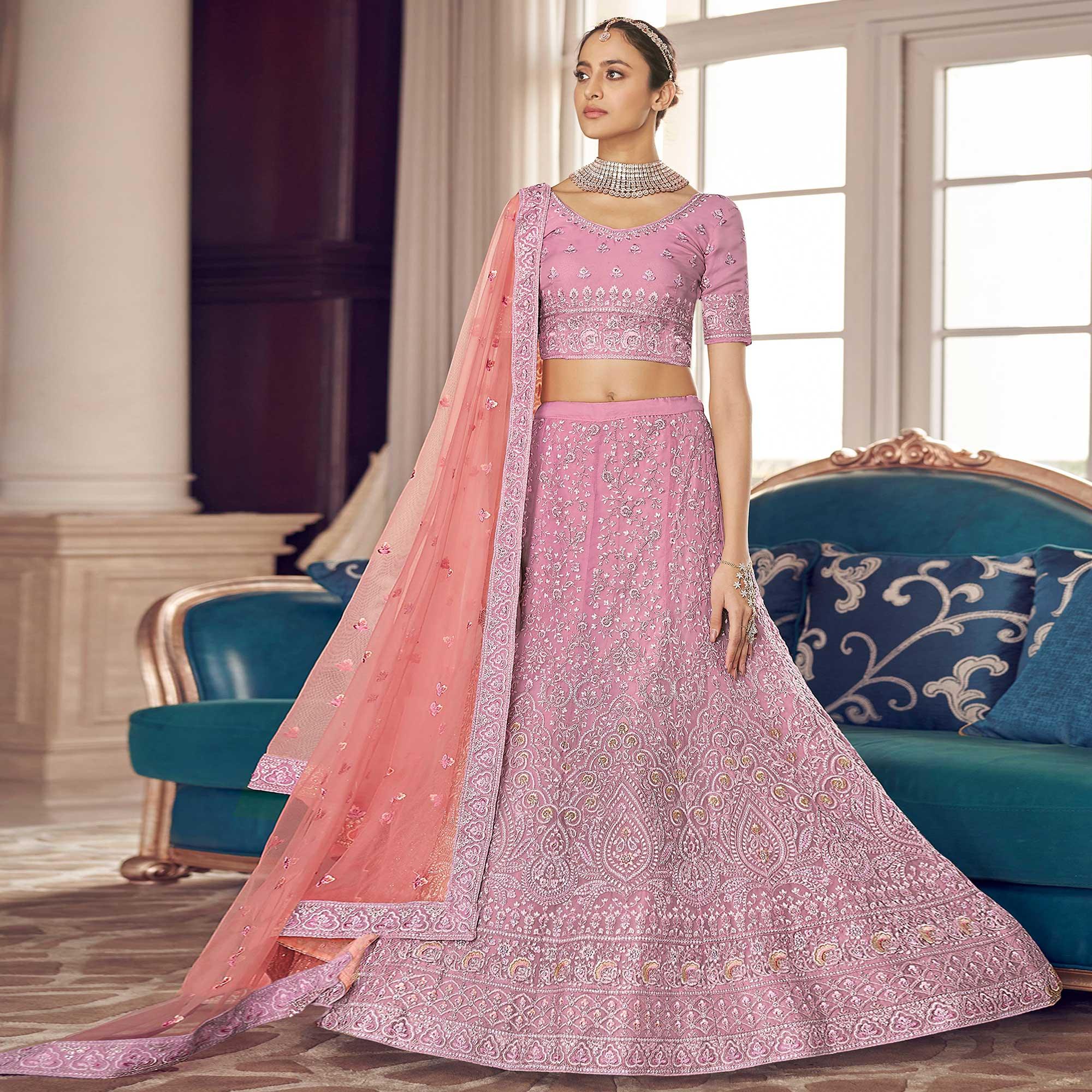 Pink Party Wear Embroidered Organza Lehenga Choli - Peachmode