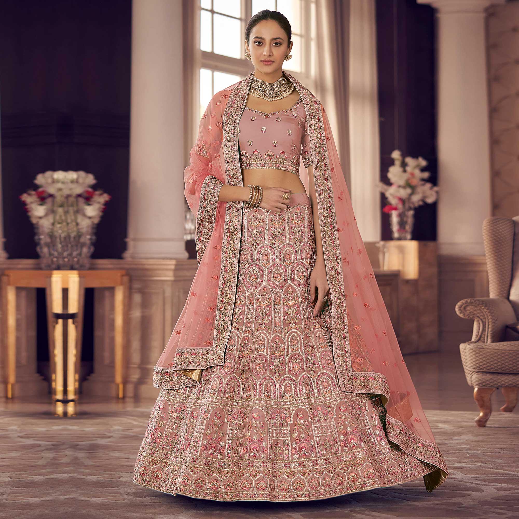Pink Party Wear Embroidered Organza Lehenga Choli - Peachmode