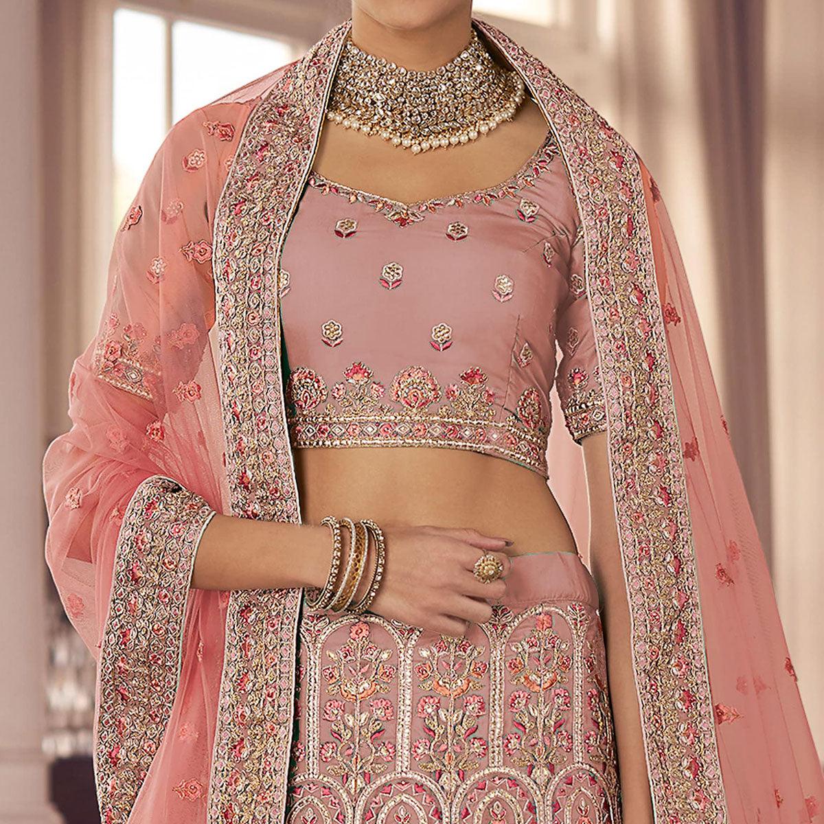Pink Party Wear Embroidered Organza Lehenga Choli - Peachmode