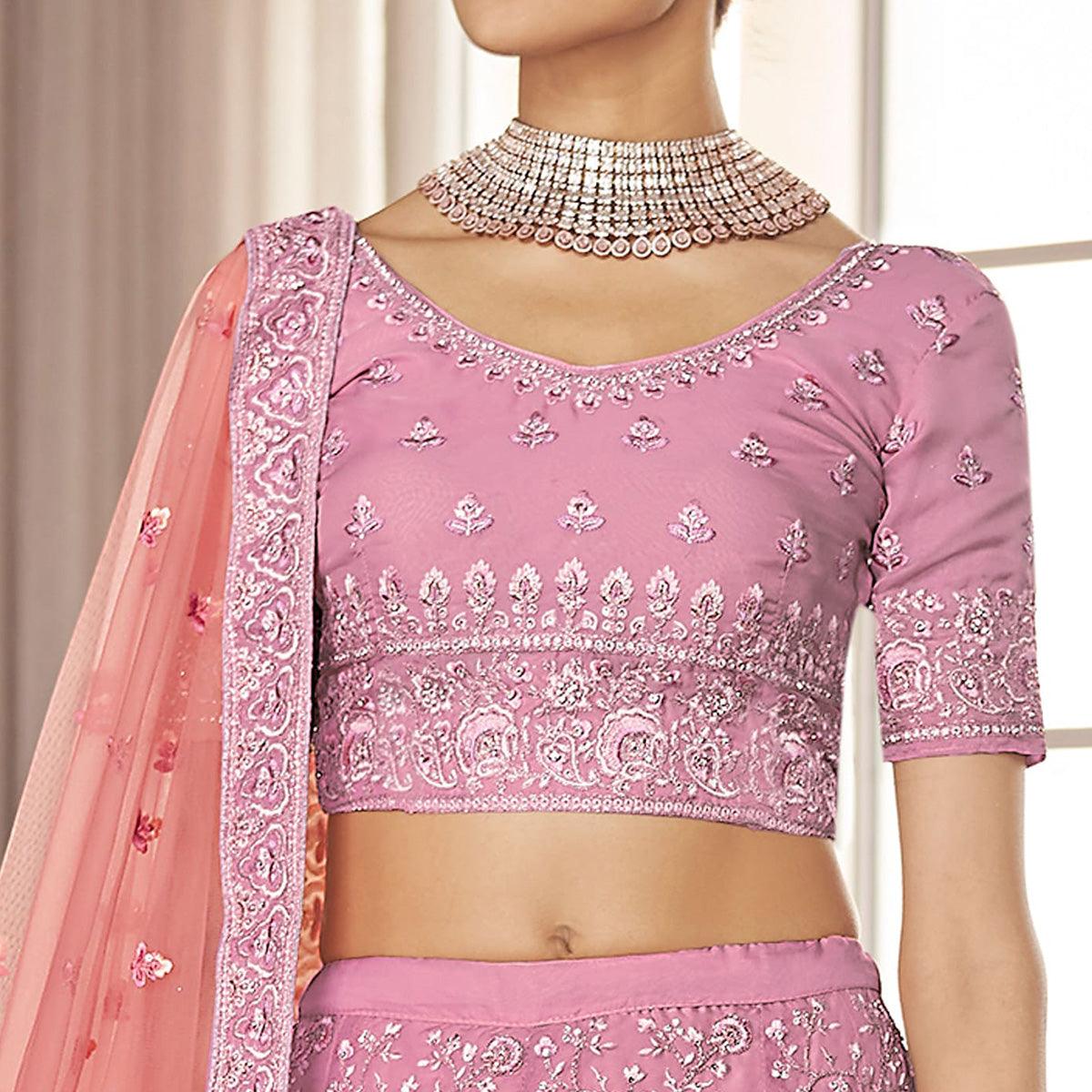 Pink Party Wear Embroidered Organza Lehenga Choli - Peachmode