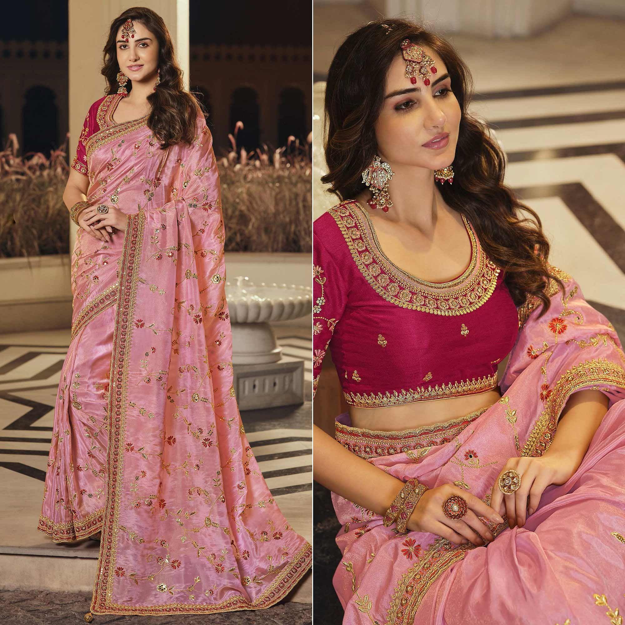 Pink Party Wear Embroidered Satin Saree - Peachmode