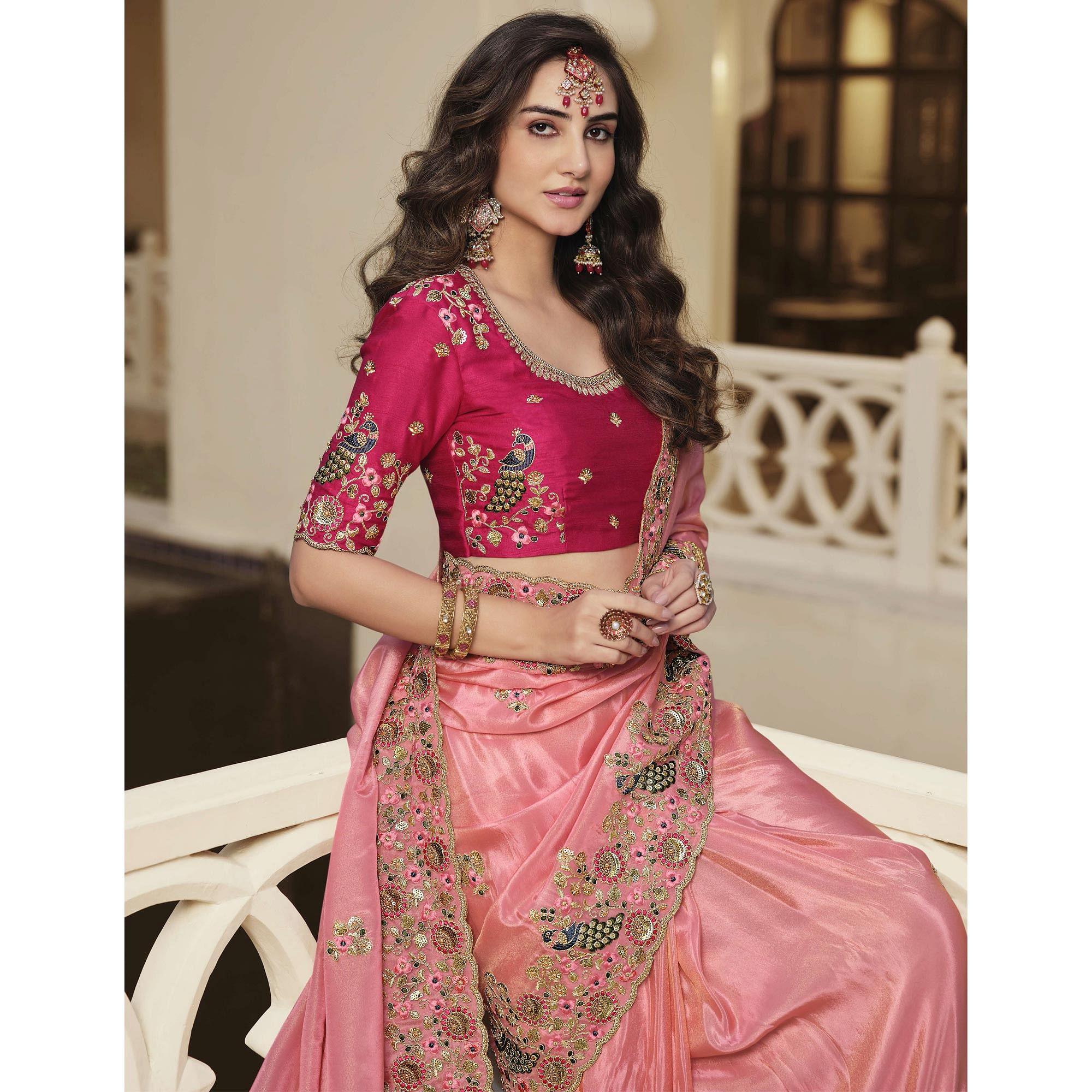 Pink Party Wear Embroidered Satin Saree - Peachmode