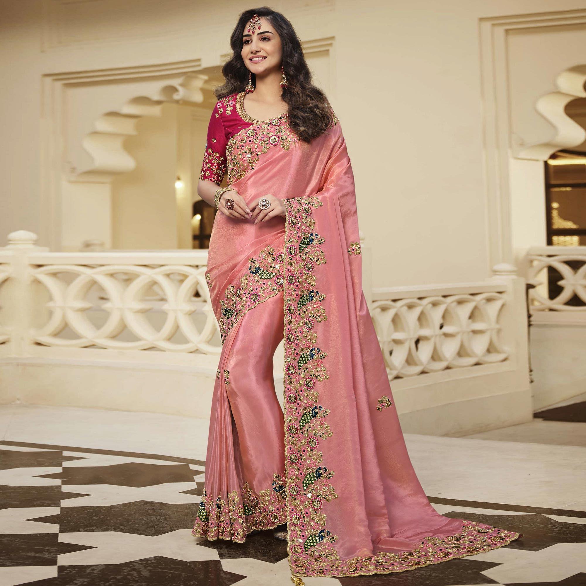 Pink Party Wear Embroidered Satin Saree - Peachmode