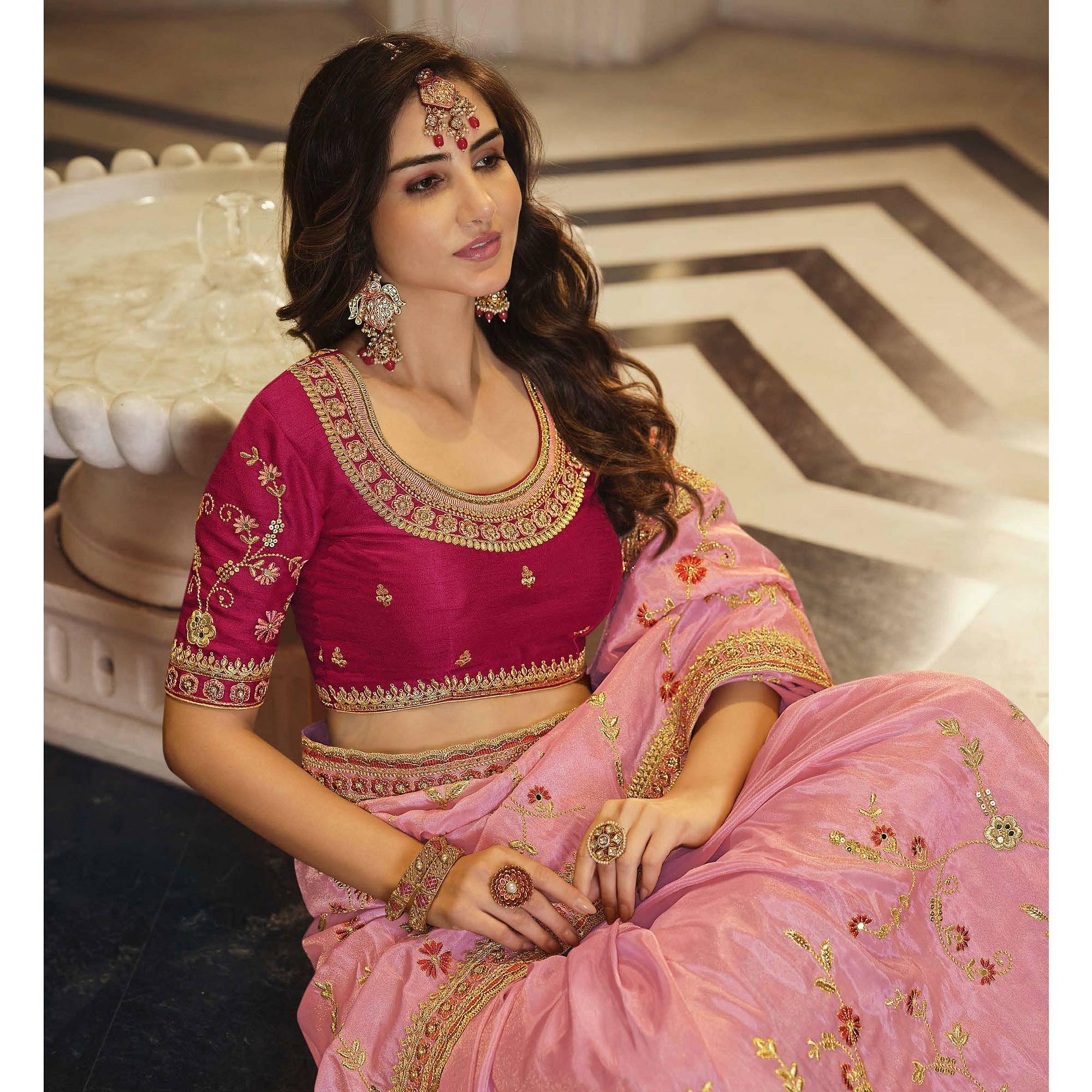 Pink Party Wear Embroidered Satin Saree - Peachmode