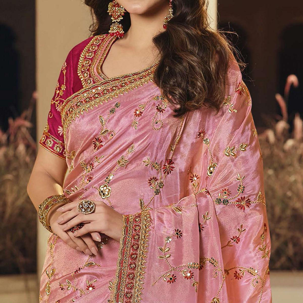 Pink Party Wear Embroidered Satin Saree - Peachmode