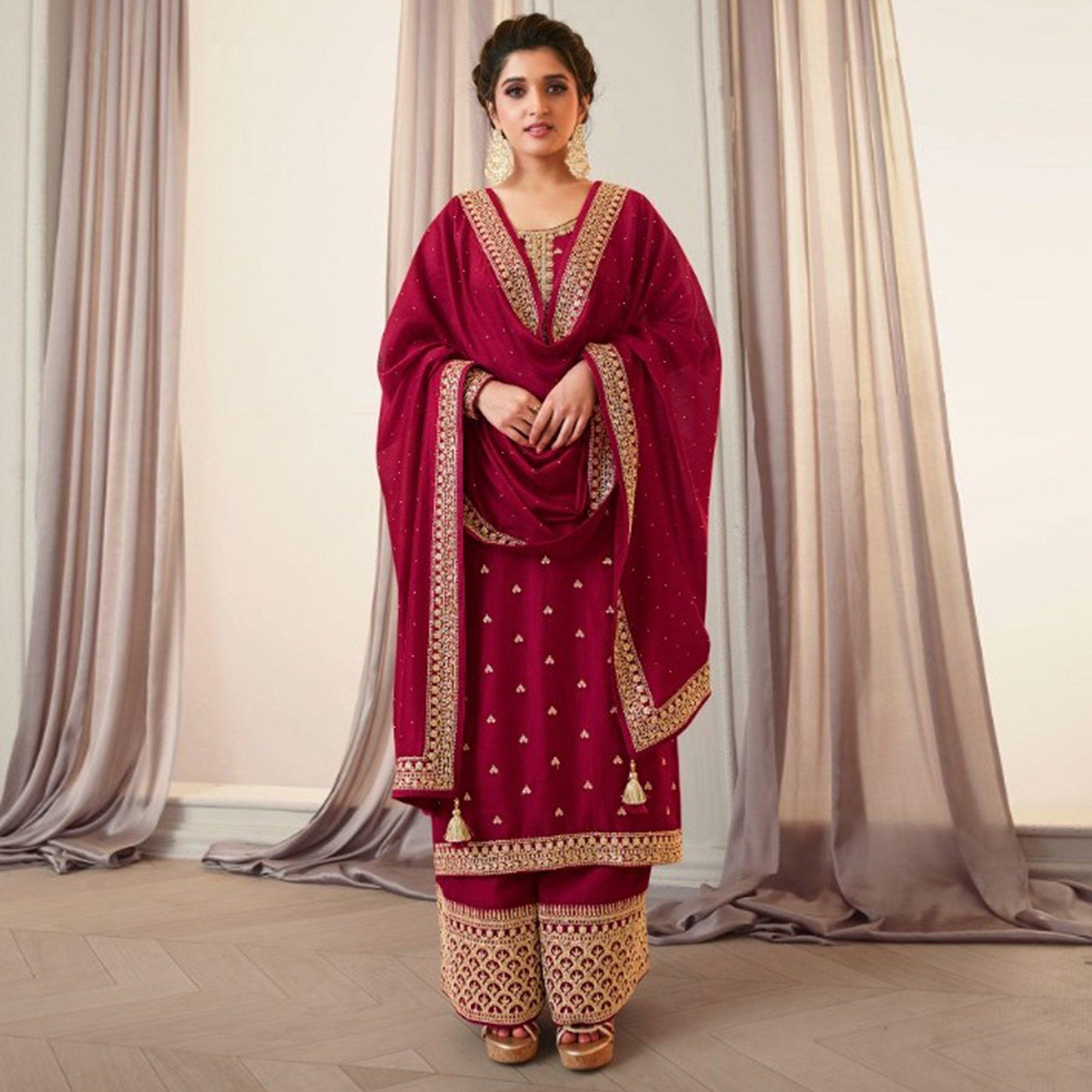 Pink Party Wear Embroidered Silk Georgette Palazzo Suit - Peachmode