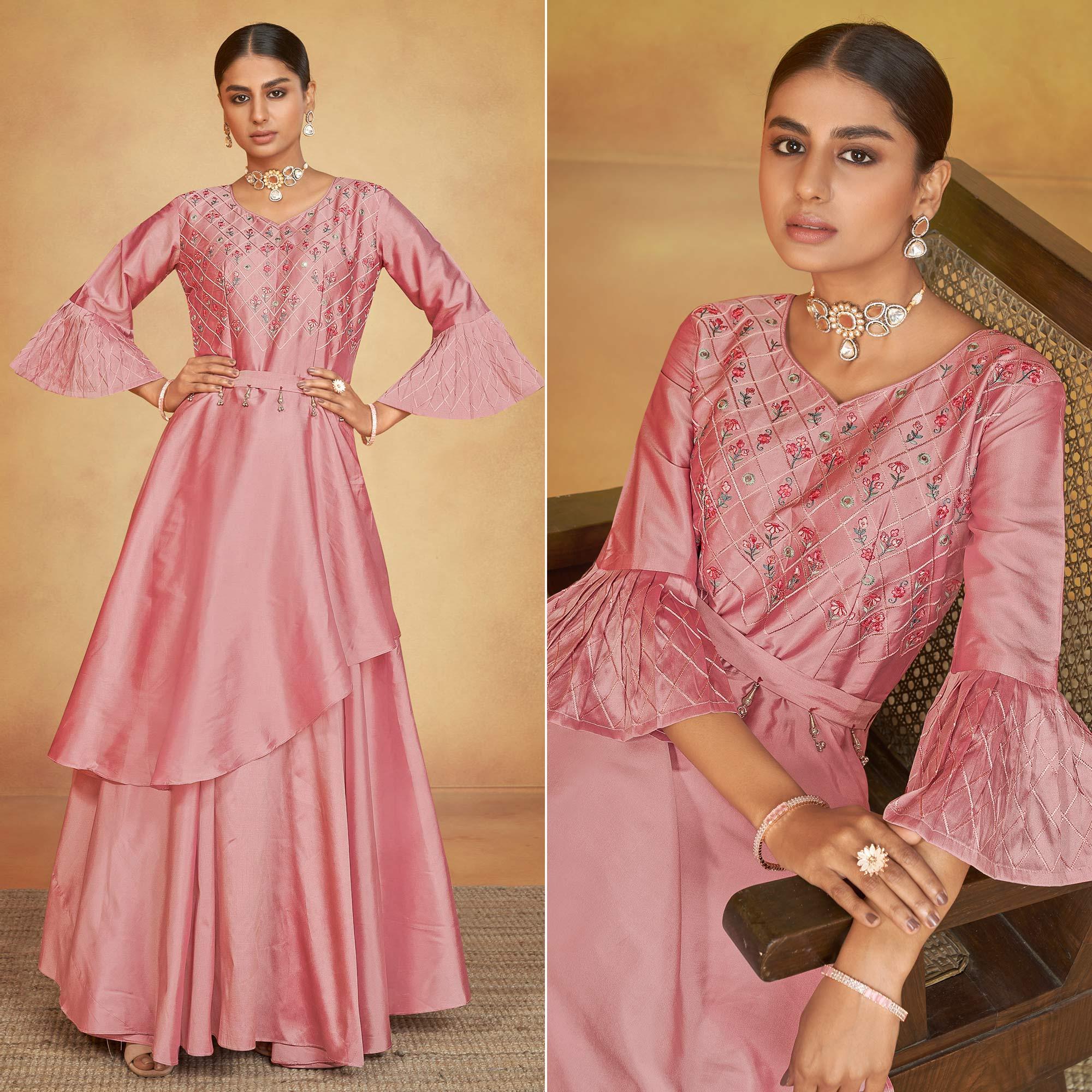 Pink Party Wear Embroidered Tapetta Gown - Peachmode