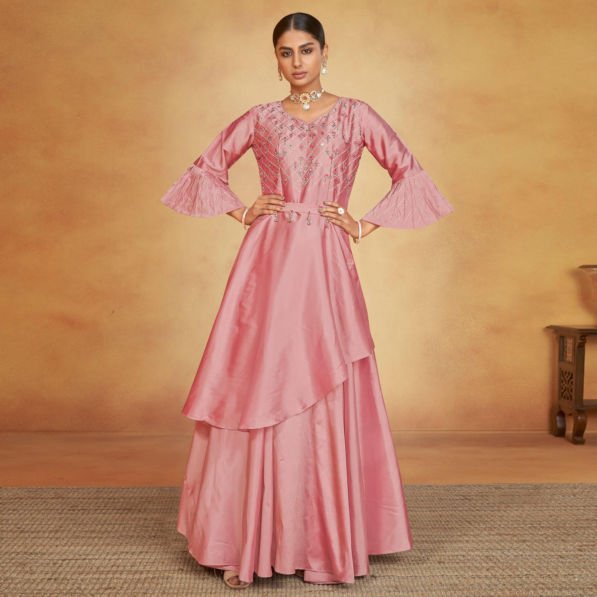Pink Party Wear Embroidered Tapetta Gown - Peachmode