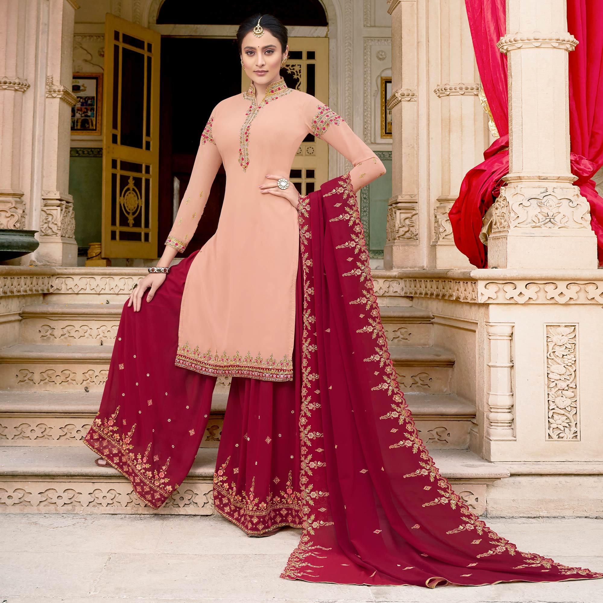 Pink Party Wear Embroidery Soft Georgette Palazzo Suit - Peachmode