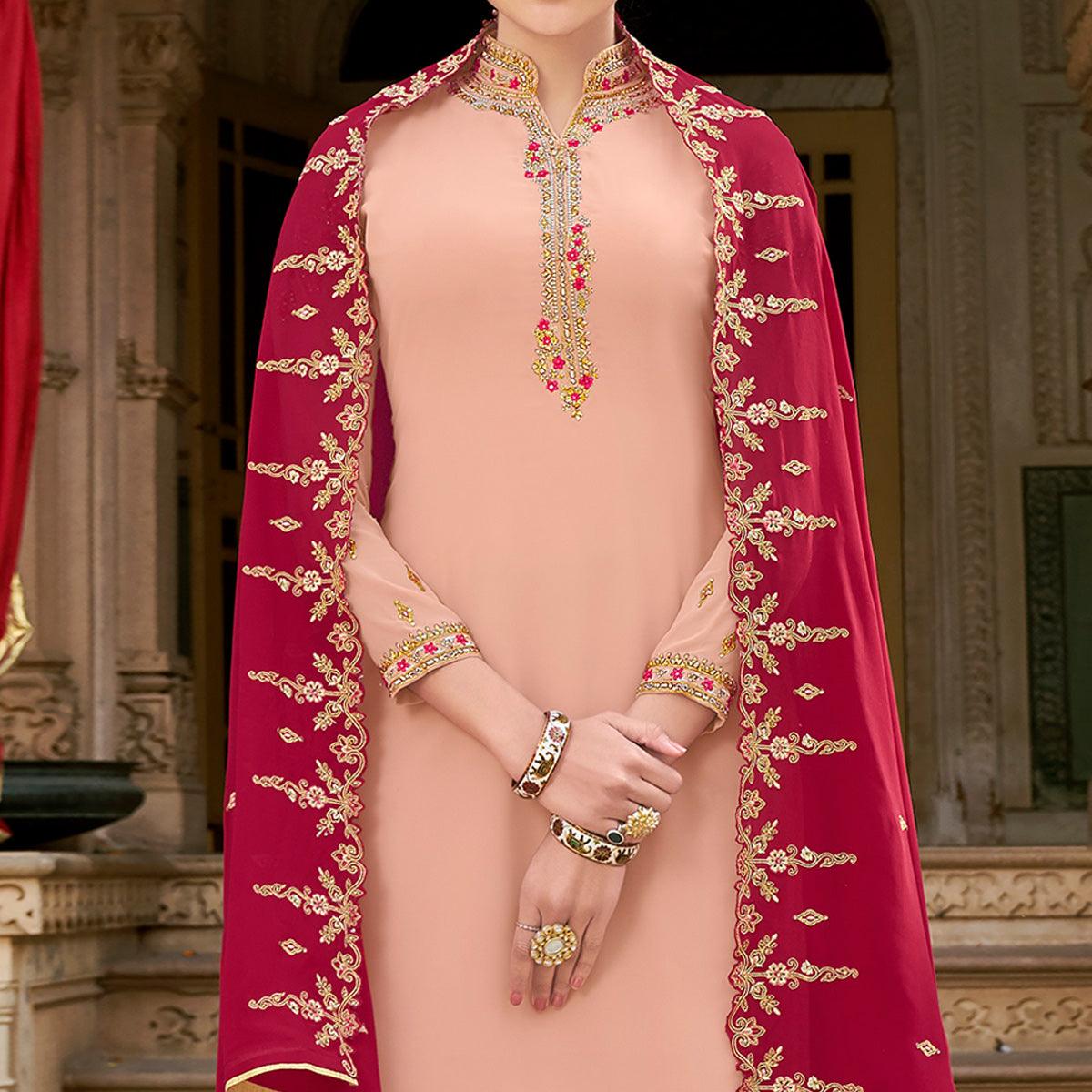 Pink Party Wear Embroidery Soft Georgette Palazzo Suit - Peachmode