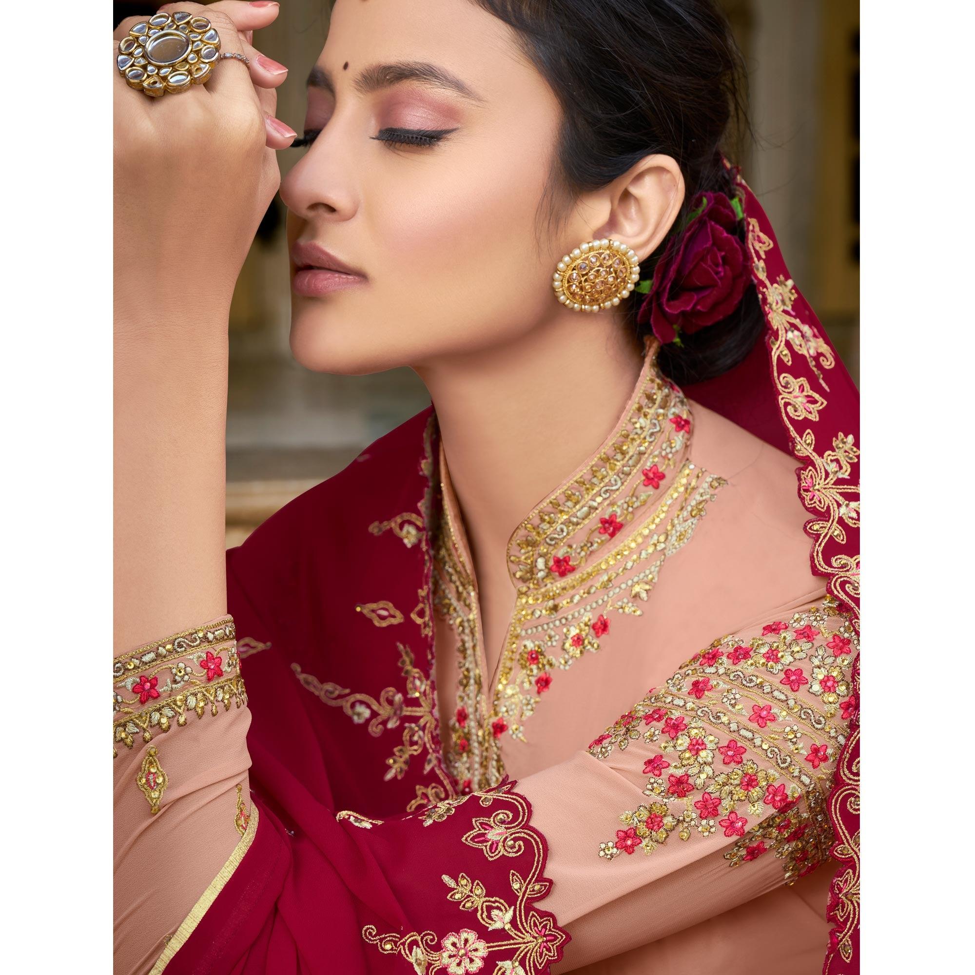 Pink Party Wear Embroidery Soft Georgette Palazzo Suit - Peachmode