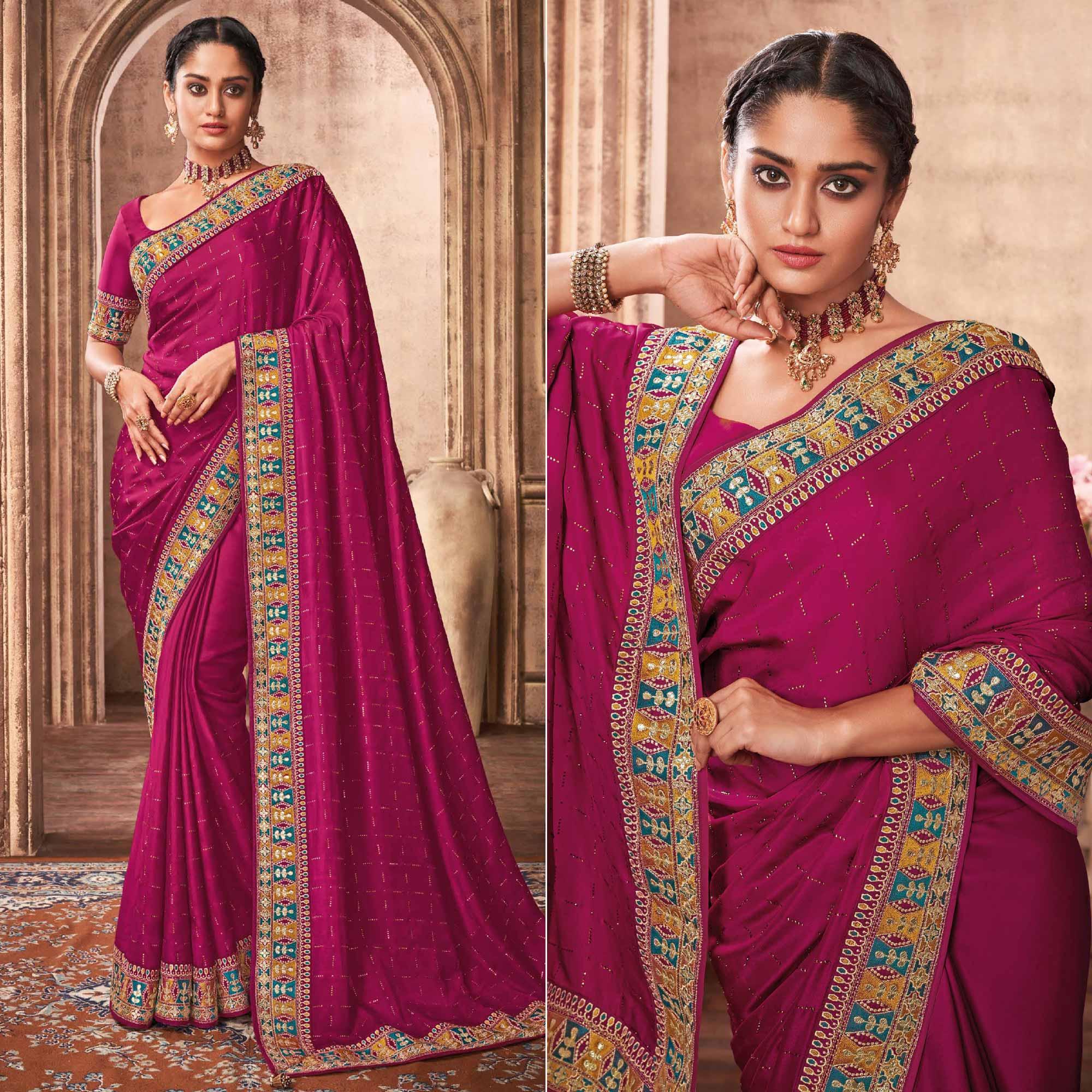 Pink Party Wear Embroidery With Sequence Work Satin Silk Saree - Peachmode