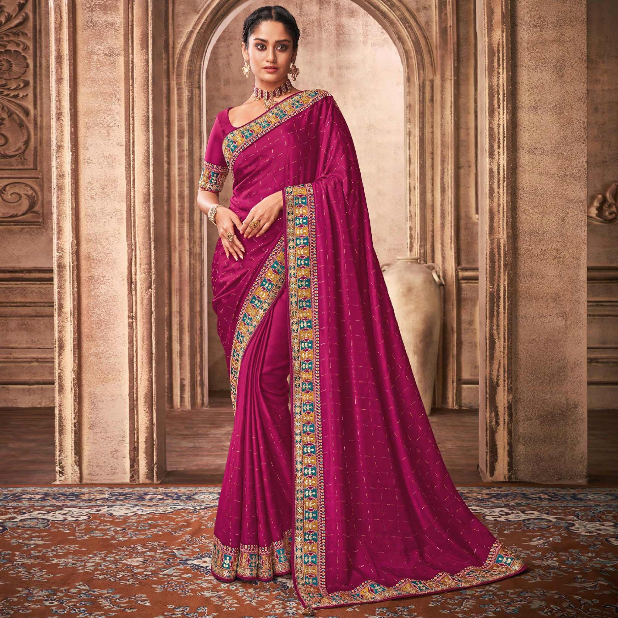 Pink Party Wear Embroidery With Sequence Work Satin Silk Saree - Peachmode