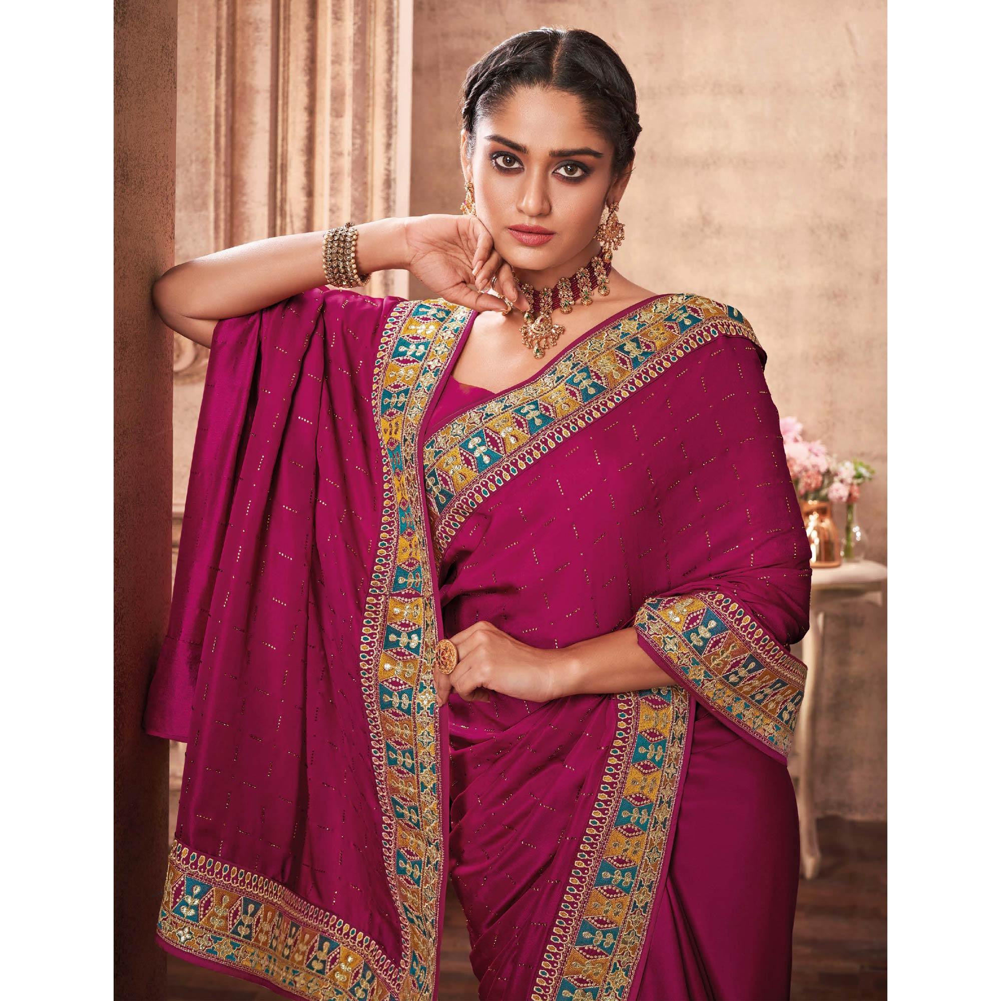 Pink Party Wear Embroidery With Sequence Work Satin Silk Saree - Peachmode