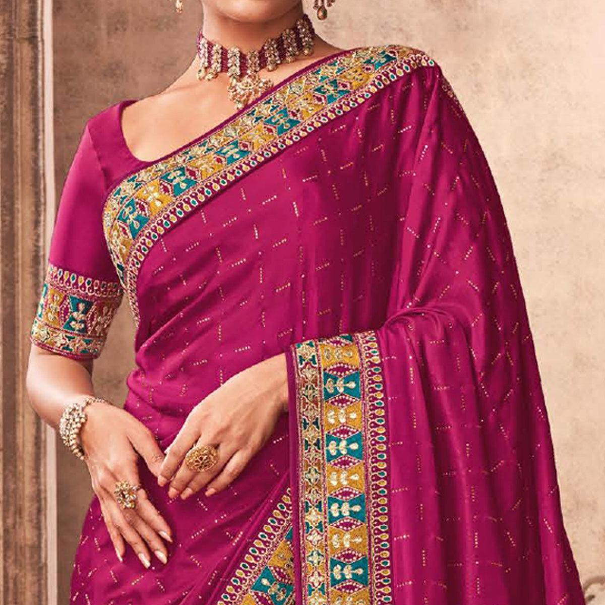 Pink Party Wear Embroidery With Sequence Work Satin Silk Saree - Peachmode