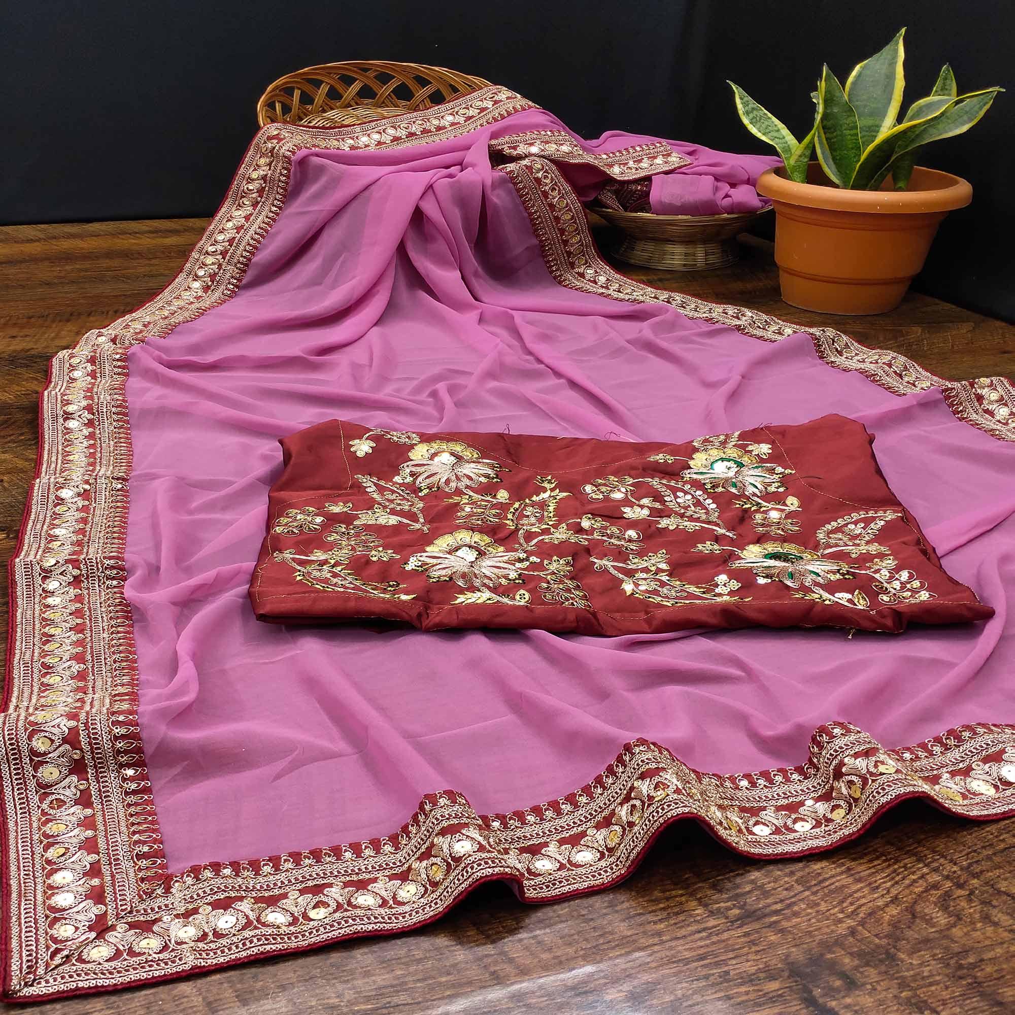 Pink Party Wear Sequence Embroidered Georgette Saree - Peachmode