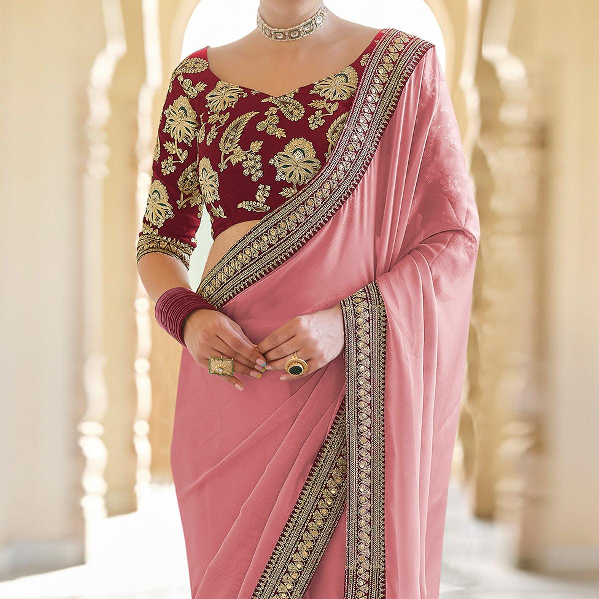 Pink Party Wear Sequence Embroidered Georgette Saree - Peachmode