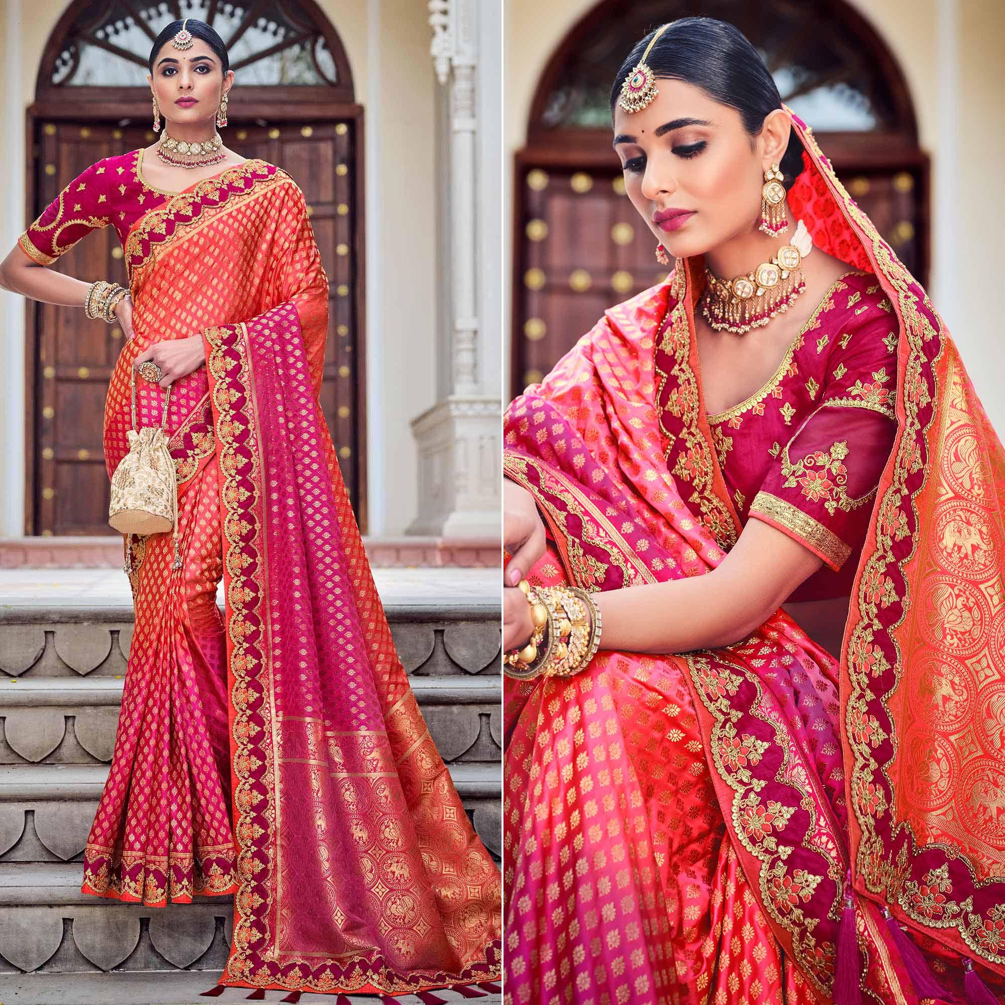 Pink Party Wear Woven-Embroidered Silk Saree - Peachmode