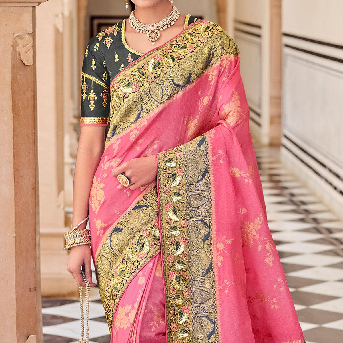 Pink Party Wear Woven-Embroidered Silk Saree - Peachmode