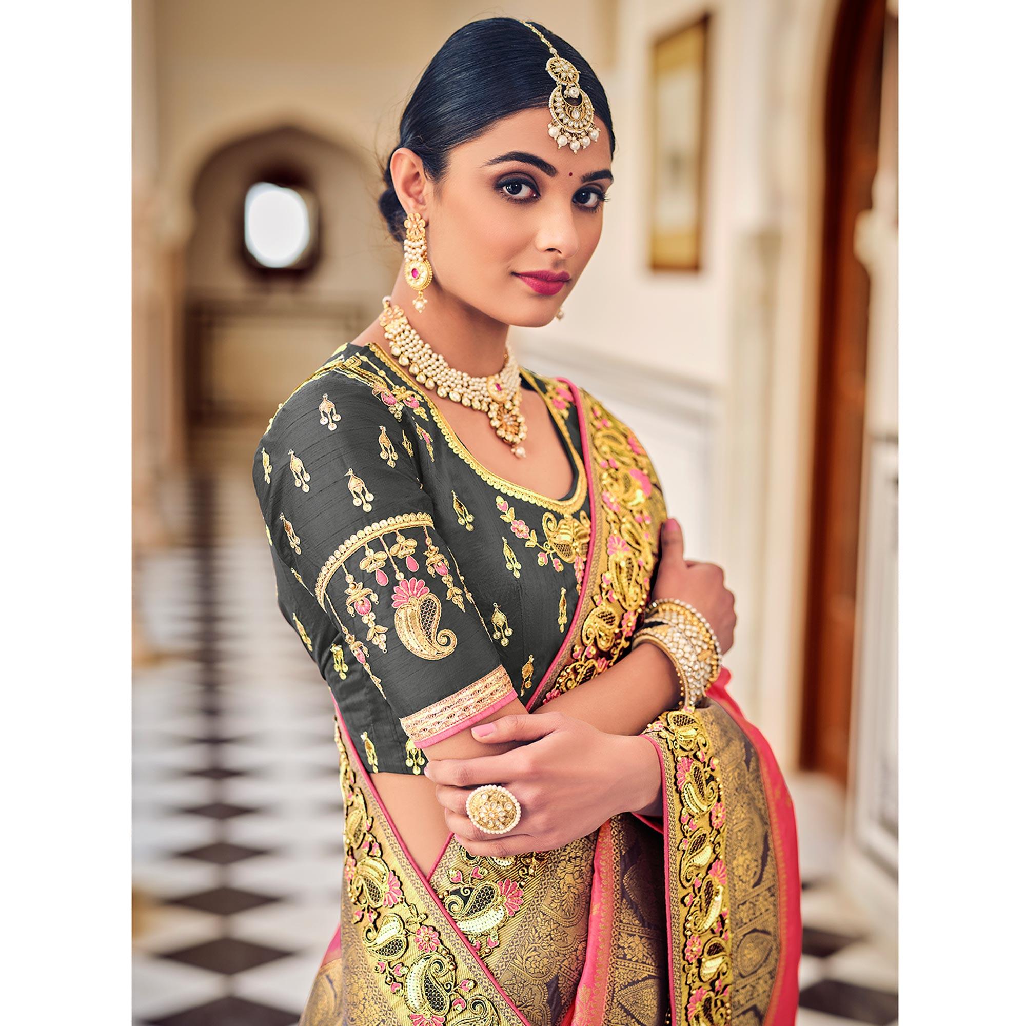 Pink Party Wear Woven-Embroidered Silk Saree - Peachmode