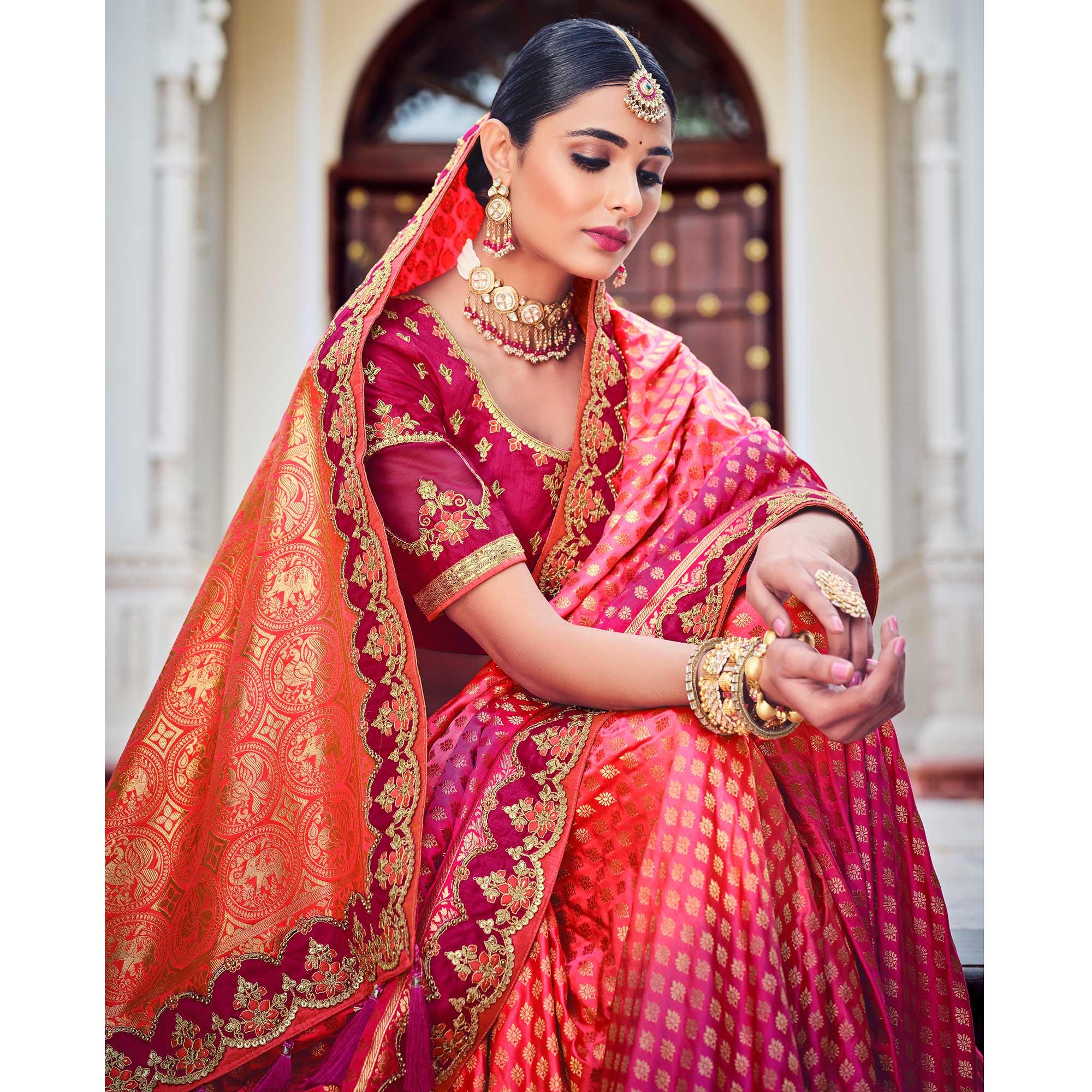 Pink Party Wear Woven-Embroidered Silk Saree - Peachmode