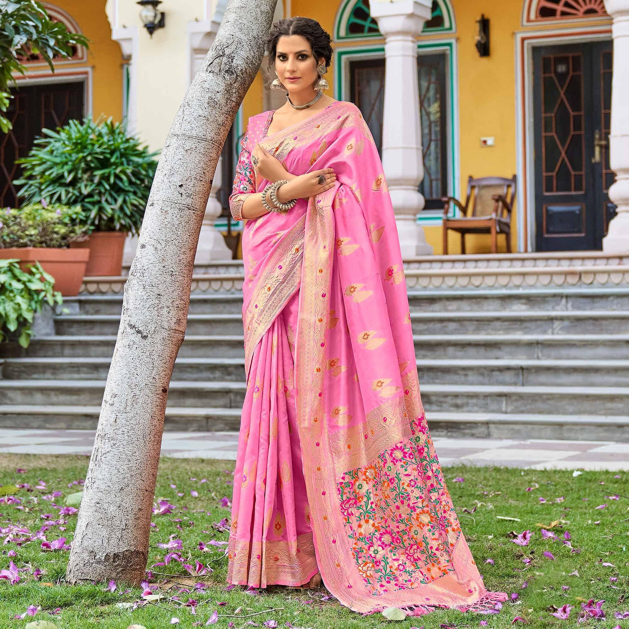 Pink Partywear Banarasi Woven Silk Saree with Kashmiri Pallu - Peachmode