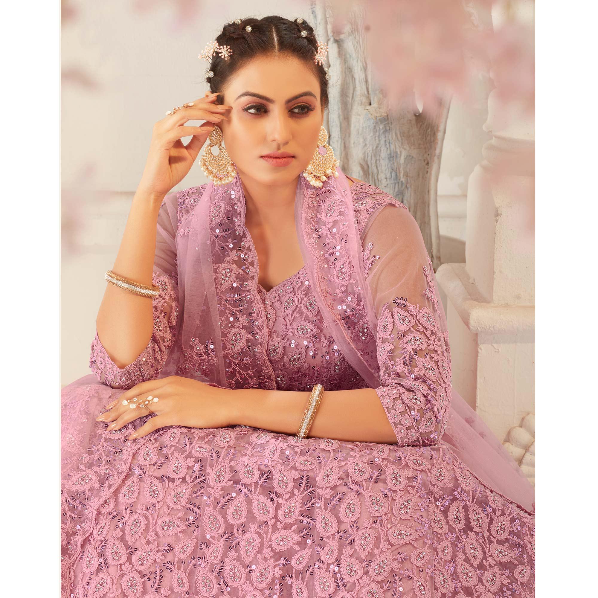 Pink Partywear Cording Embroidery With Embellished Net Lehenga Choli - Peachmode
