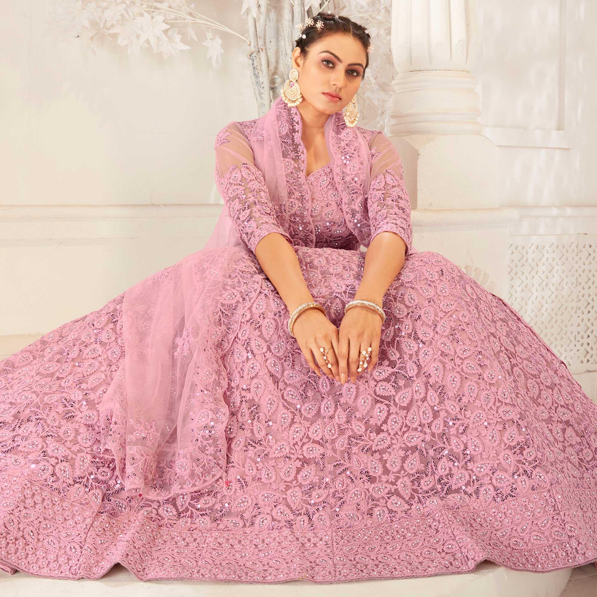 Pink Partywear Cording Embroidery With Embellished Net Lehenga Choli - Peachmode