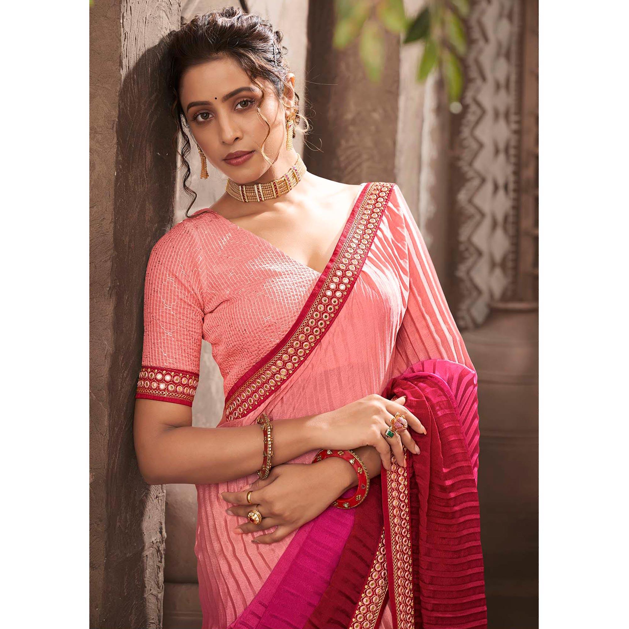 Pink Partywear Crushed Chiffon Saree with Fancy Lace - Peachmode