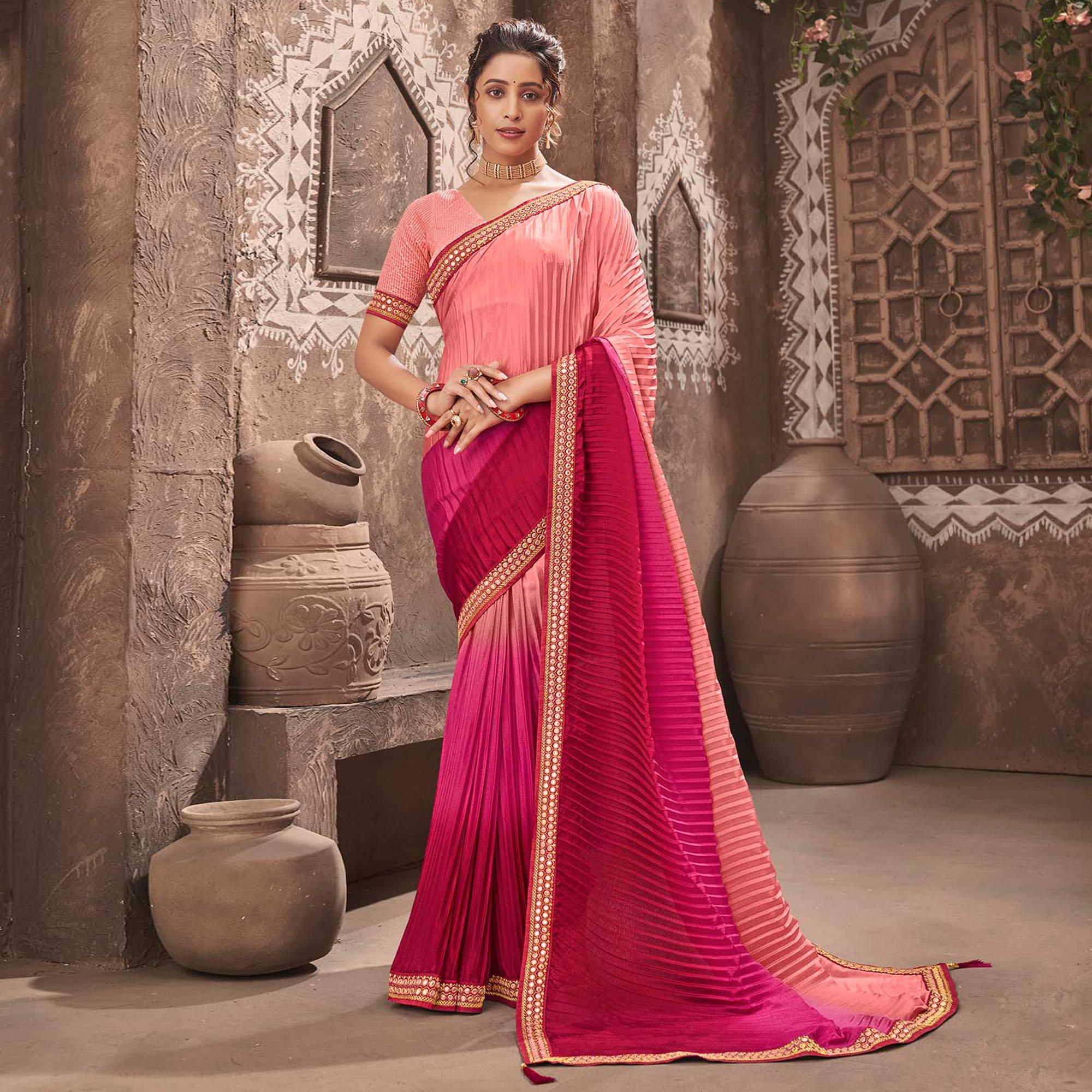 Pink Partywear Crushed Chiffon Saree with Fancy Lace - Peachmode