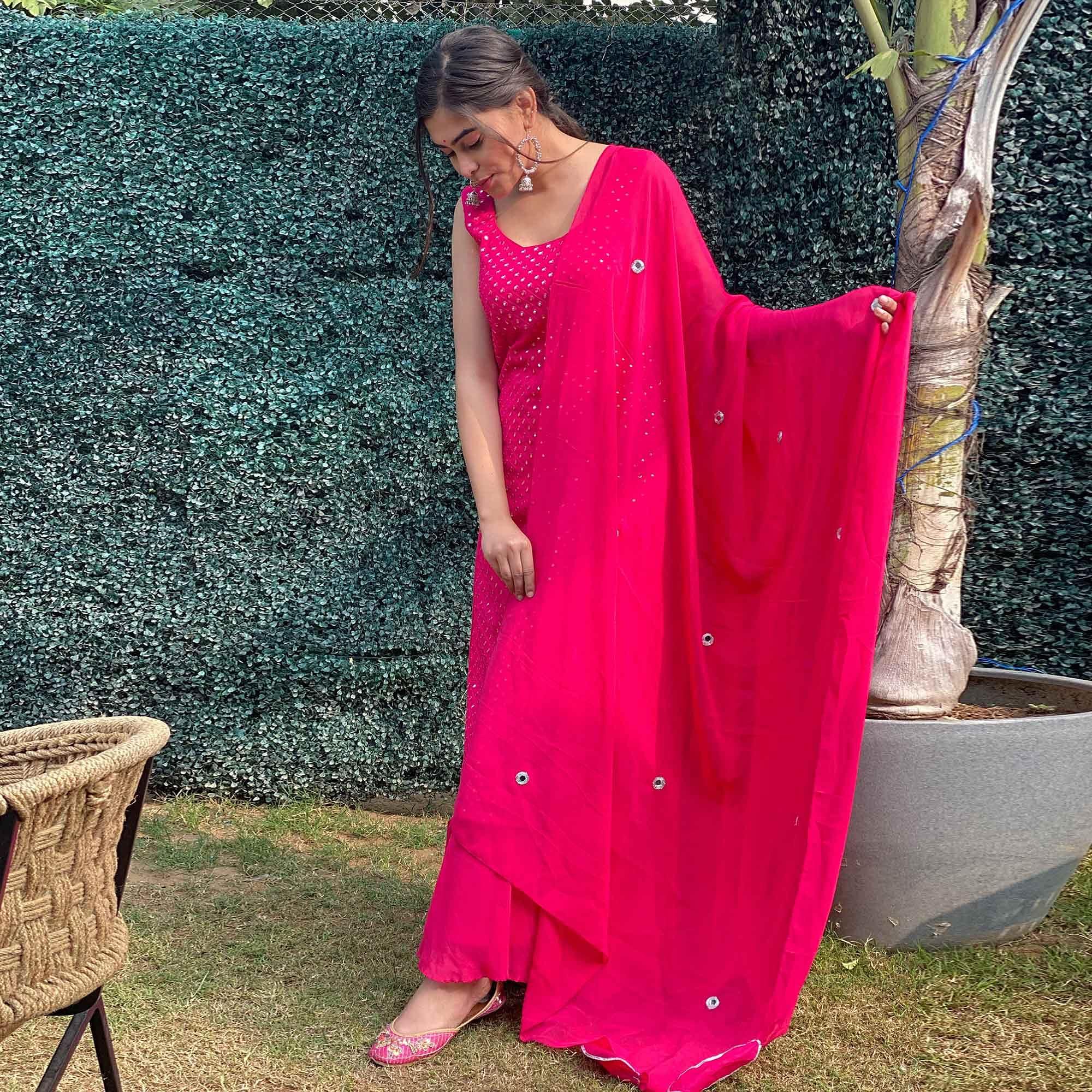 Pink Partywear Designer Embroidered Georgette Palazzo Suit - Peachmode