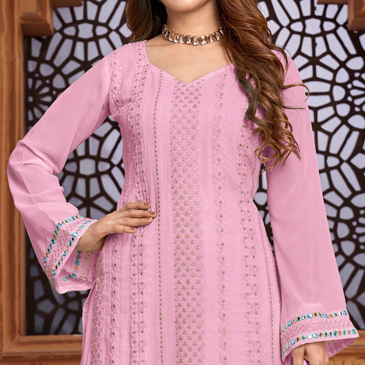 Pink Partywear Designer Embroidered Heavy Faux Georgette Palazzo Suit - Peachmode